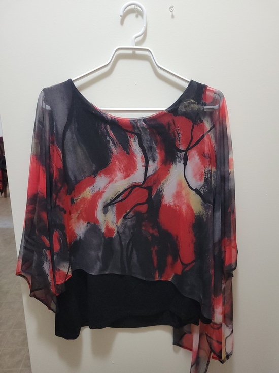 Blue Sky Tops - Blue Sky Black and Red Sheer Abstract Layered Top